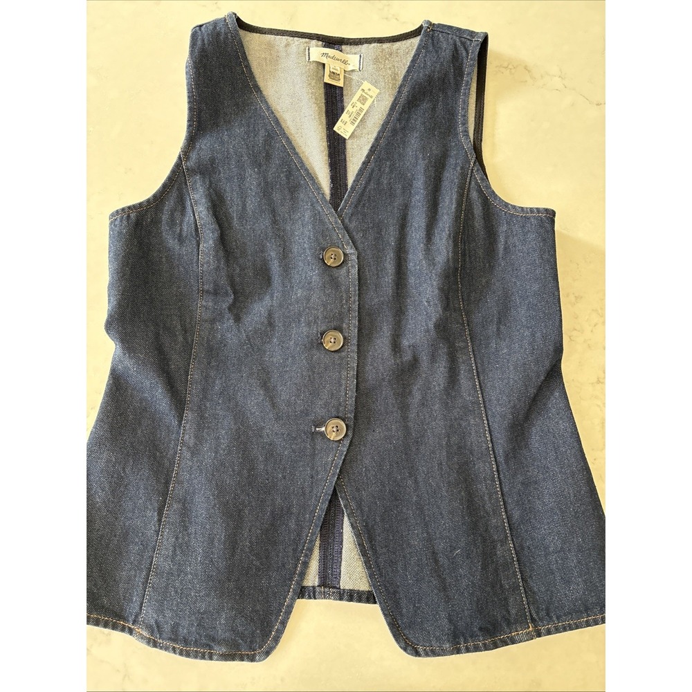 Madewell Denim Cutaway Vest Womens 6 Dark Blue Button Front V-Neck NW312 DM9455